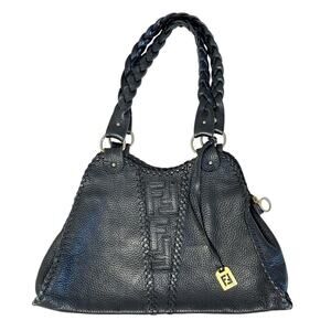 Vintage FENDI Black Pebbled Leather Spy Bag Purse Braided Handles Handbag